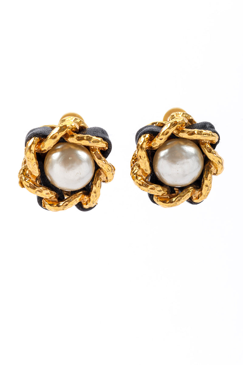 Authentic vintage Chanel earrings CC black leather hoop pearl dangle