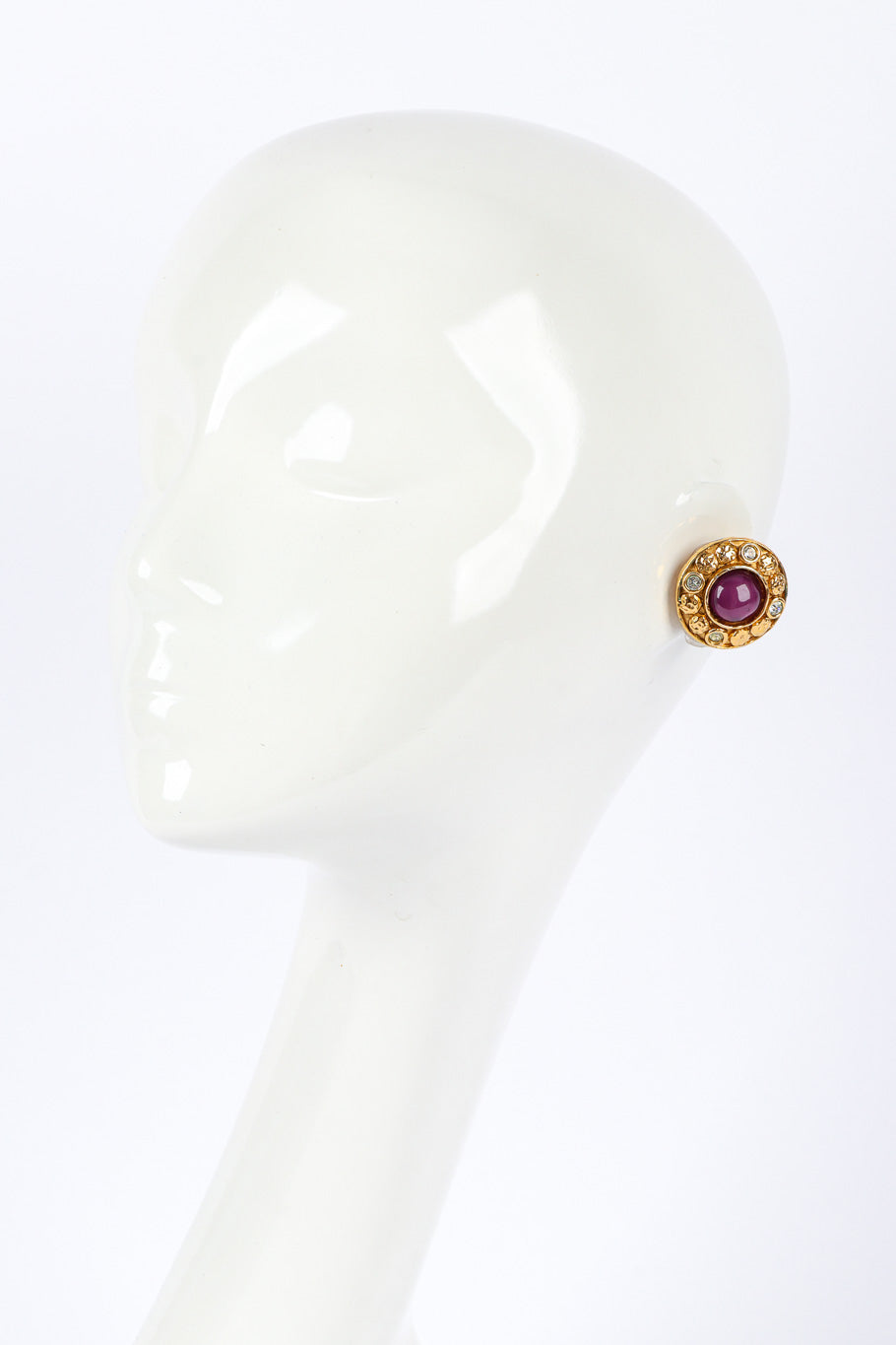 Amythyst Gripoix Earrings on white background on mannequin head @recessla