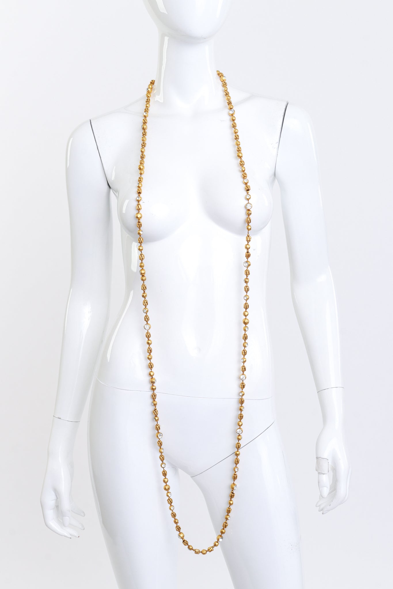 Vintage Chanel String Beaded Crystal Sautoir Necklace full length on mannequin @recess la