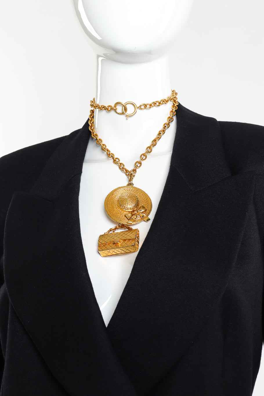 Vintage Chanel Sun Hat and Bag Pendant Necklace looped twice on mannequin @recessla