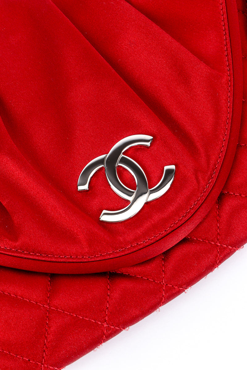 Chanel Quilted Satin Half Moon Clutch logo pendant closeup @recess la