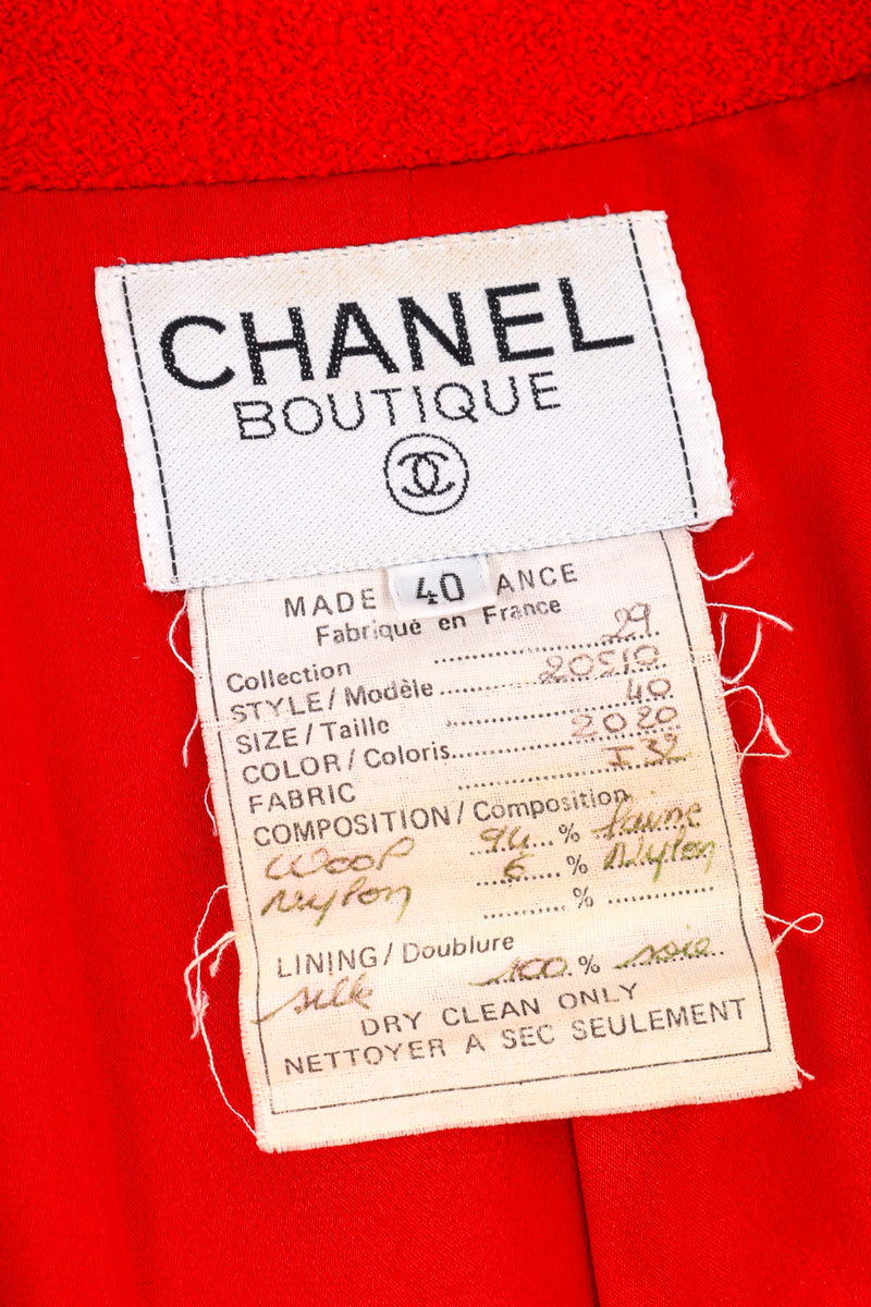 Vintage Chanel 1992 F/W Bouclé Long Jacket And Skirt Set jacket signature label closeup @recessla
