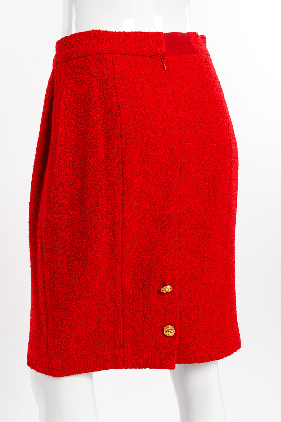 Vintage Chanel 1992 F/W Bouclé Long Jacket And Skirt Set skirt back view on mannequin closeup @recessla