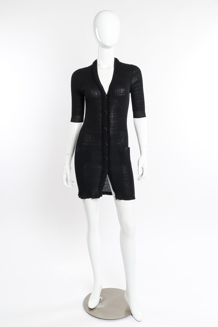 Chanel Ribbed Knit Cardigan front view on mannequin @Recessla