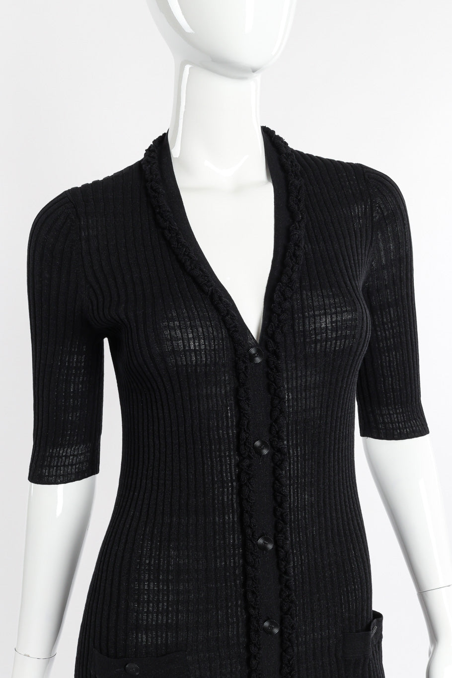 Chanel Ribbed Knit Cardigan front view on mannequin closeup @Recessla
