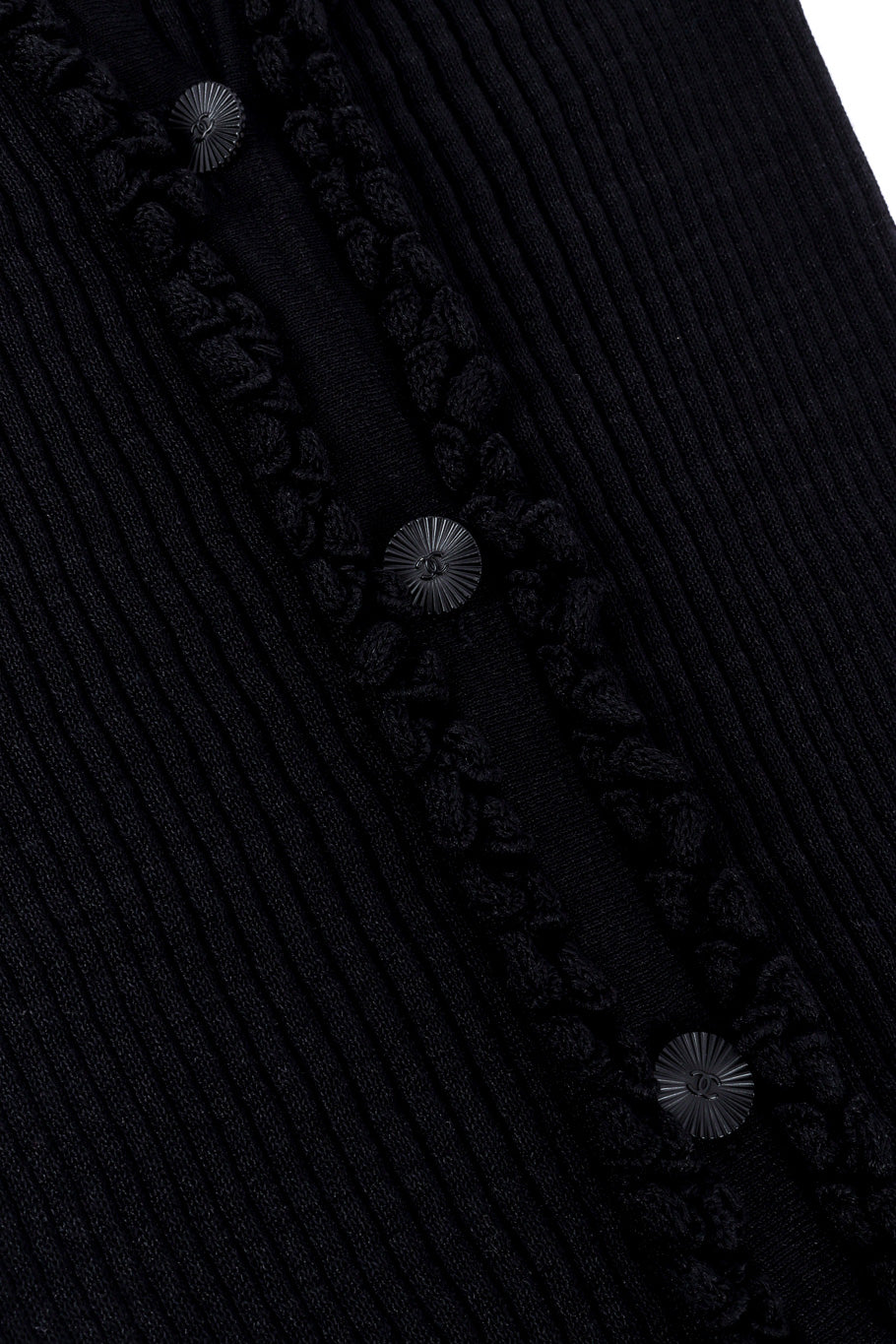 Chanel Ribbed Knit Cardigan CC logo sunburst button closeup @Recessla