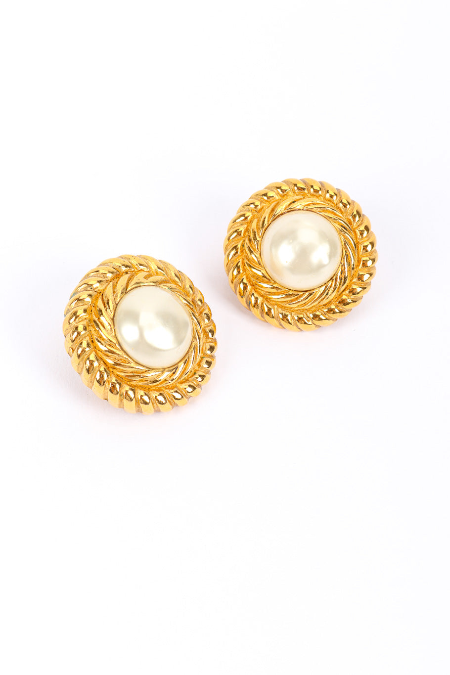 Rope Frame Pearl Earrings by Chanel on white background @recessla