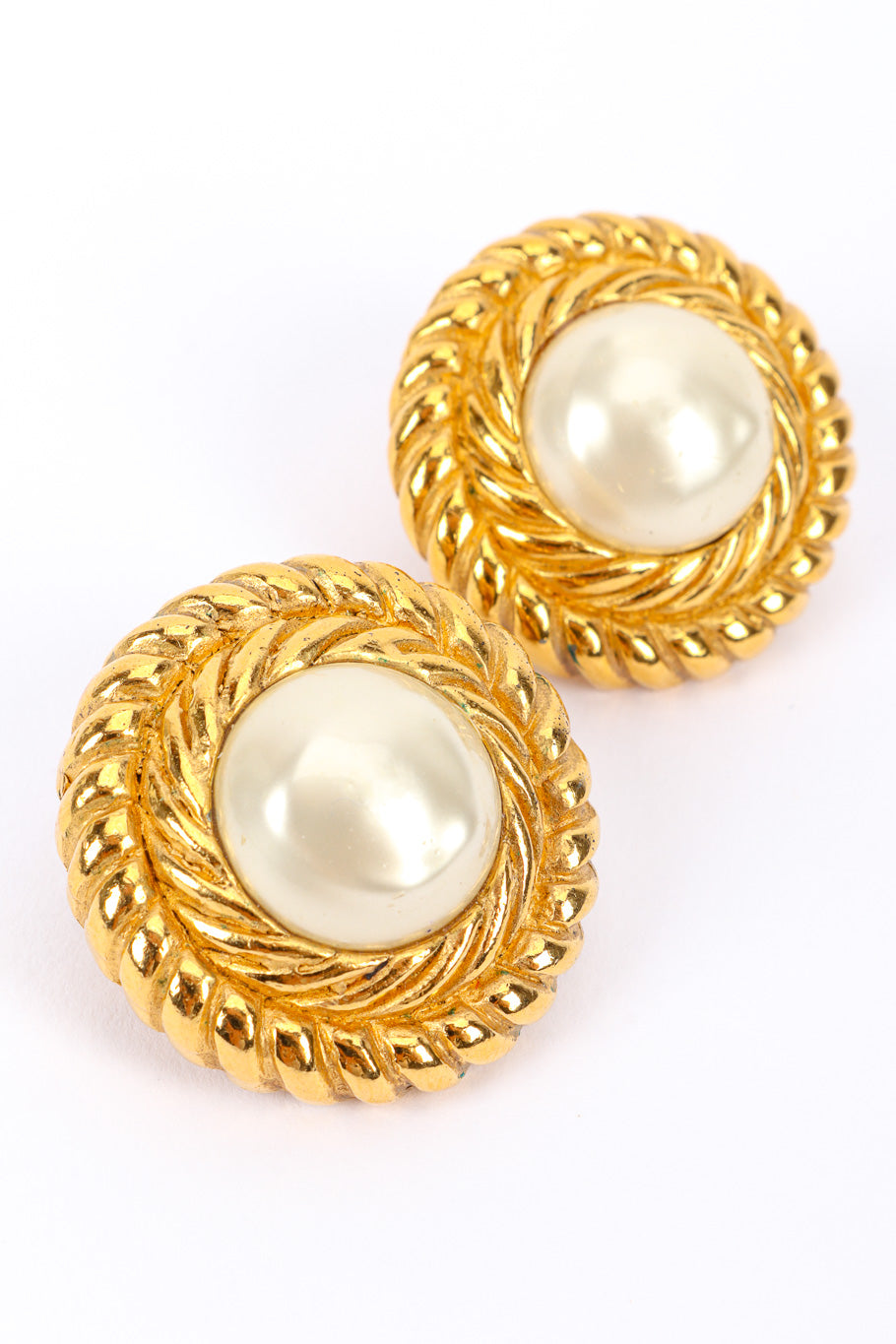 Rope Frame Pearl Earrings by Chanel on white background close from side @recessla