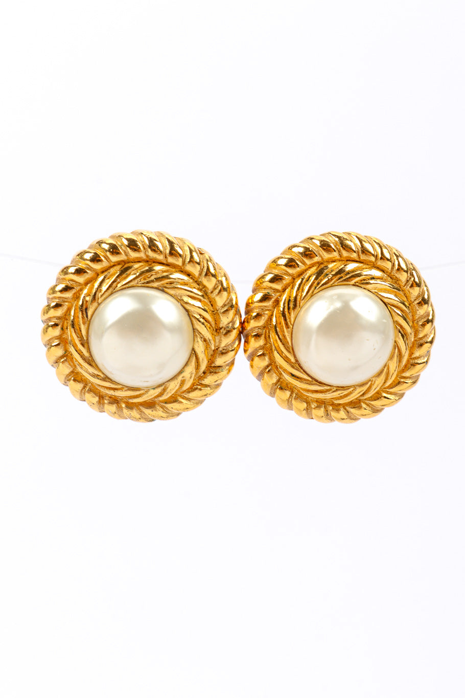 Rope Frame Pearl Earrings by Chanel on white background side by side @recessla