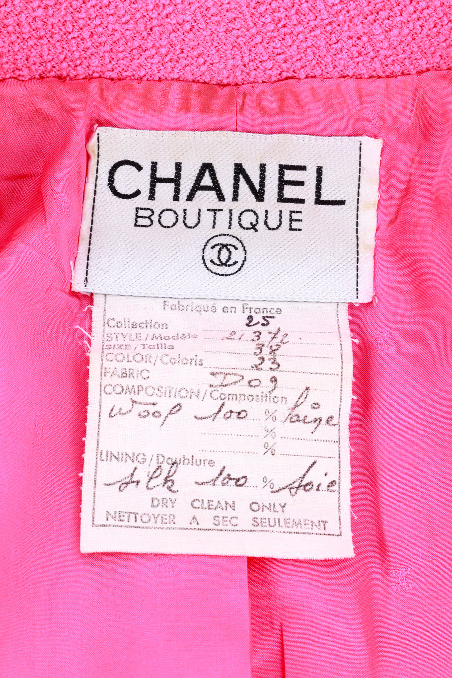 Chanel 1991 S/S Collection 25 Fuchsia Boucle Jacket label @RECESS LA