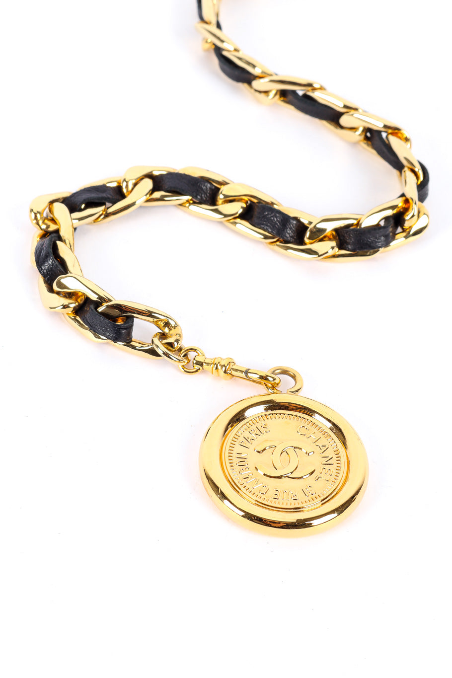 Vintage Chanel Woven Leather Chain Belt end charm closeup @Recessla