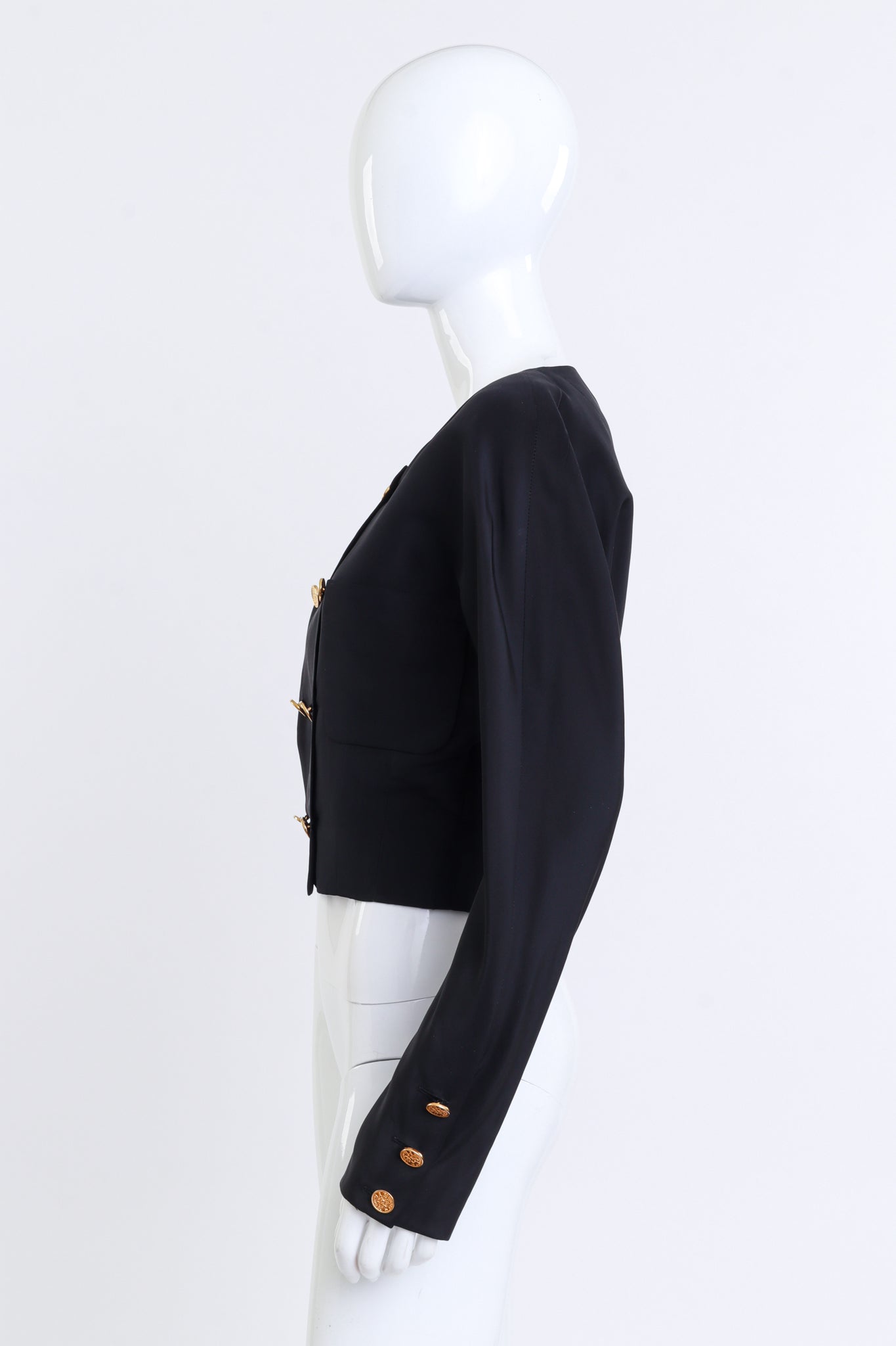 Vintage Chanel 1987 S/S Double Breasted Crop Jacket side on mannequin @recess la