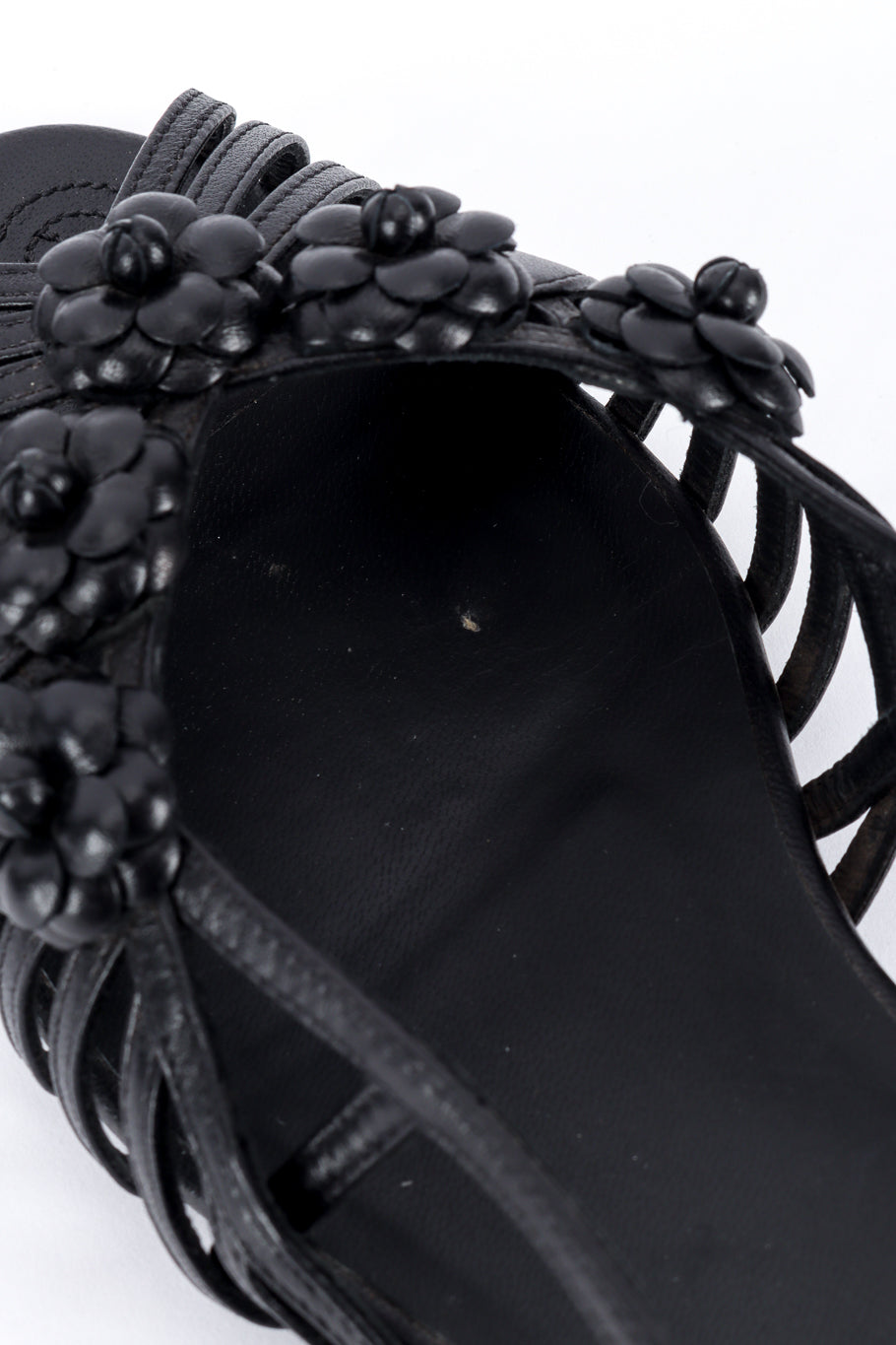 Chanel Camellia Flower Slingback Sandals insole wear closeup @recess la