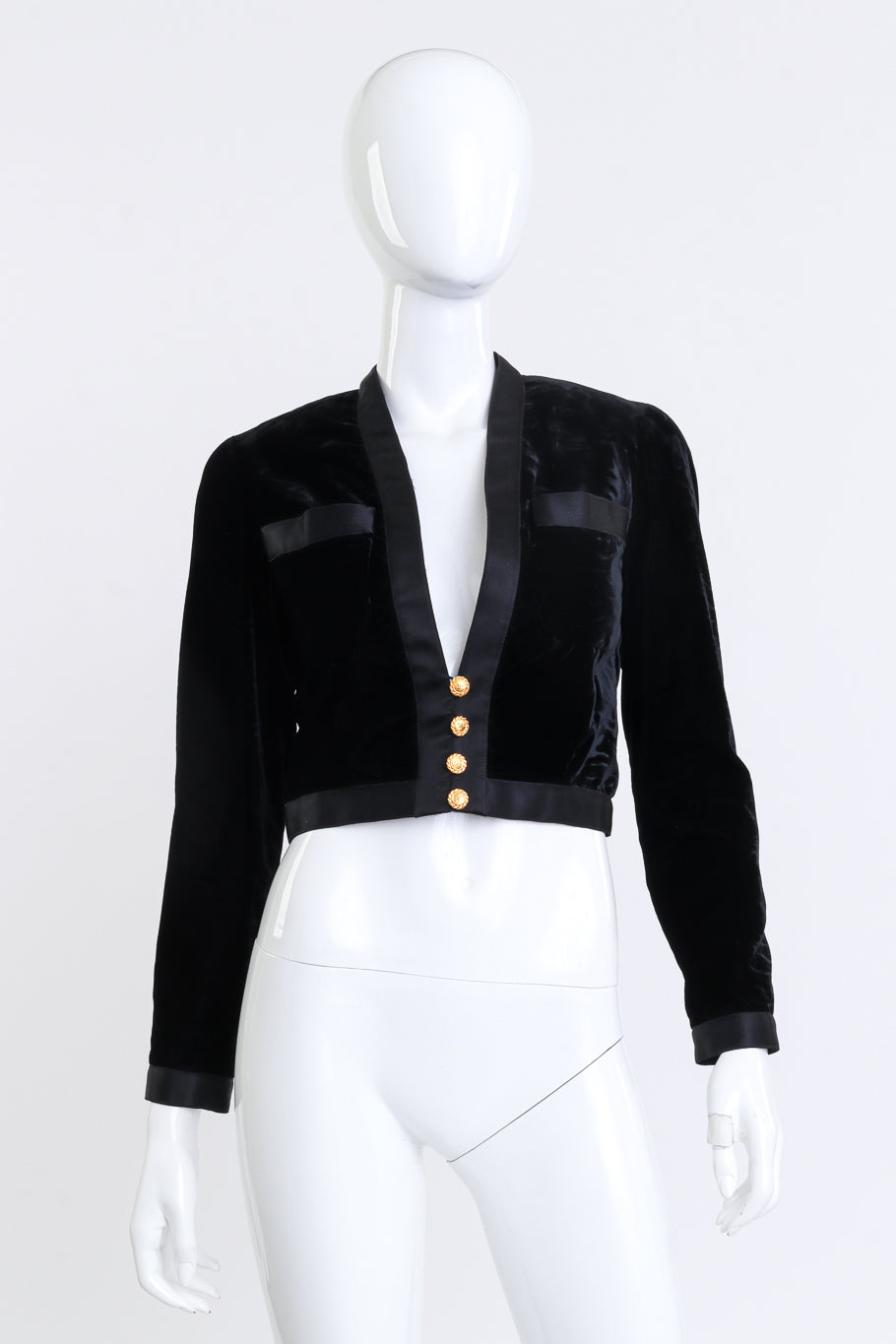 Vintage Chanel Velvet & Satin Trim Crop Jacket front on mannequin @recess la