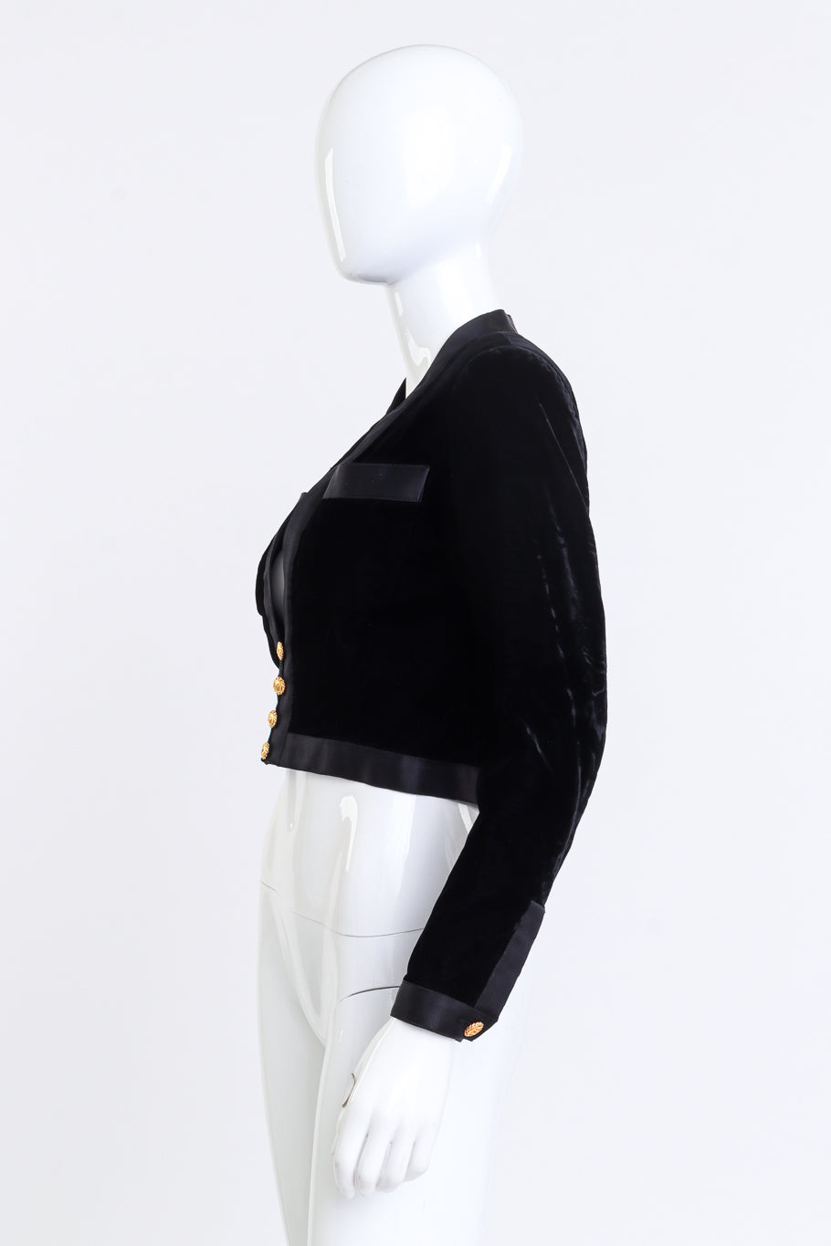 Vintage Chanel Velvet & Satin Trim Crop Jacket side on mannequin @recess la