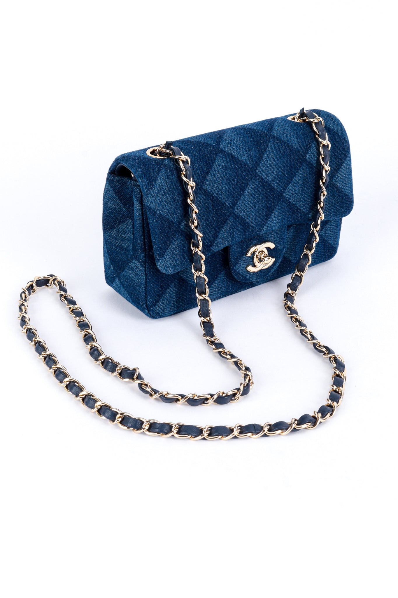 Chanel Printed Denim Flap Bag 3/4 front @recess la