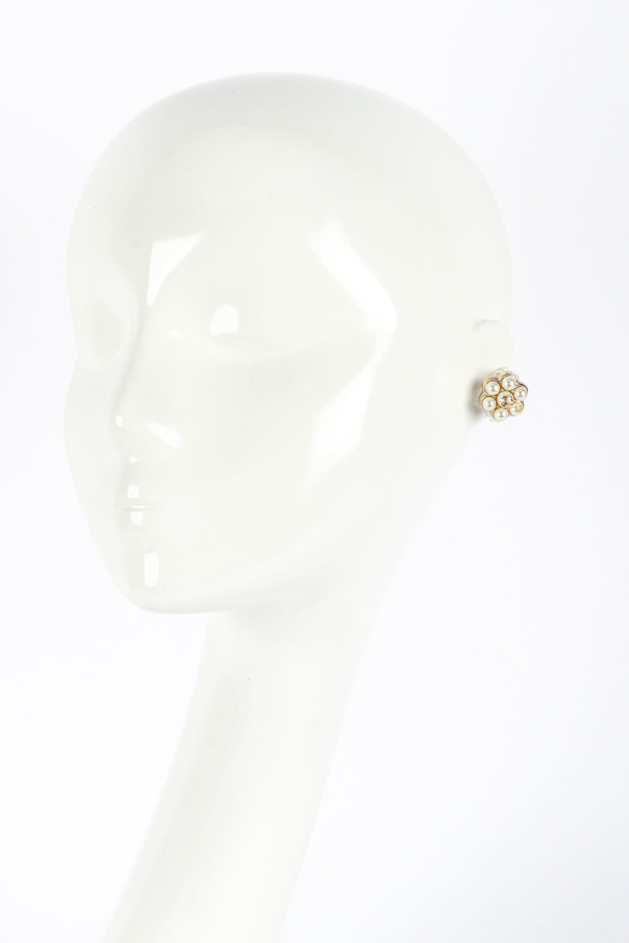 Chanel Pearl Flower Earrings front on mannequin @RECESS LA