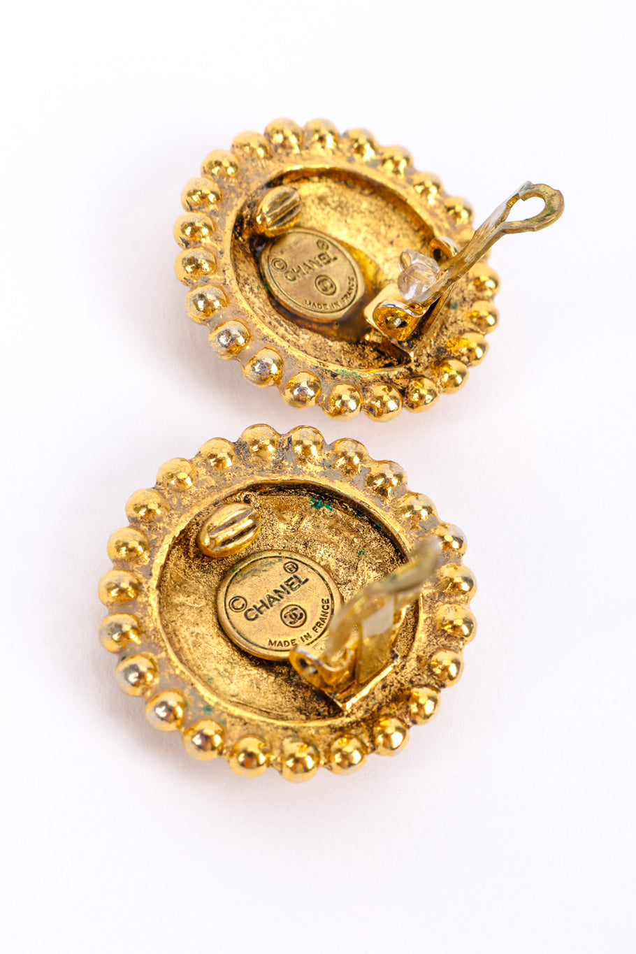 Vintage Chanel Woven Button Earrings view of patina and dust with signature cartouche @recessla