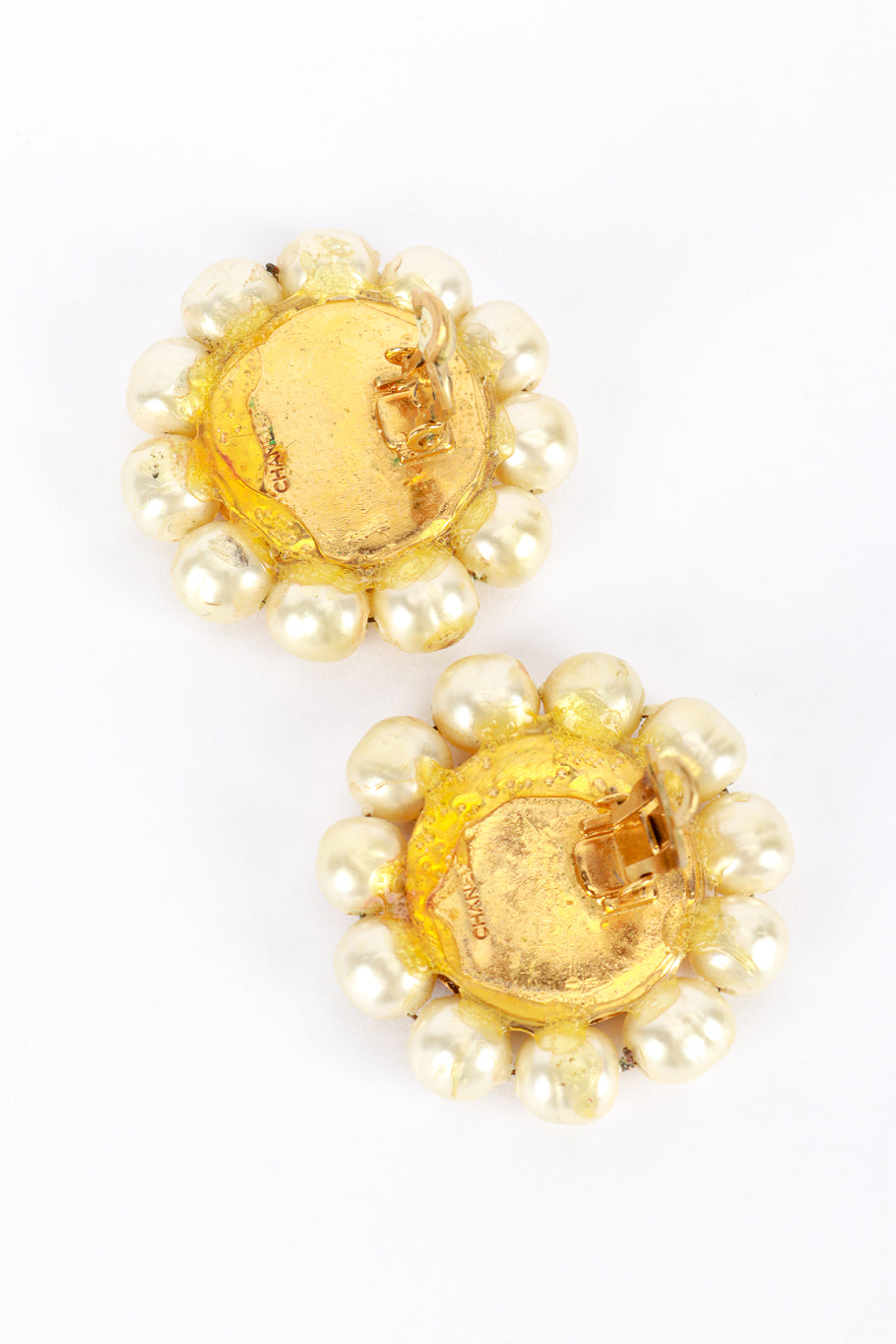 Vintage Chanel Sun & Moon Pearl Earrings back closeup @recess la