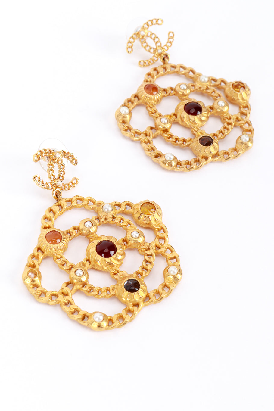Chanel 2018A Camellia Chain Drop Earrings front closeup @recess la