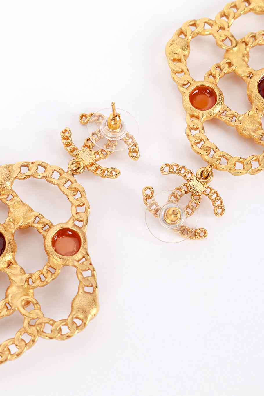 Chanel 2018A Camellia Chain Drop Earrings post backing closeup @recess la