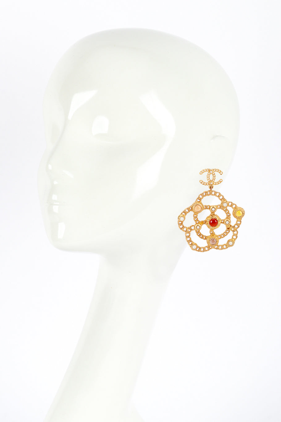 Chanel 2018A Camellia Chain Drop Earrings on mannequin @recess la