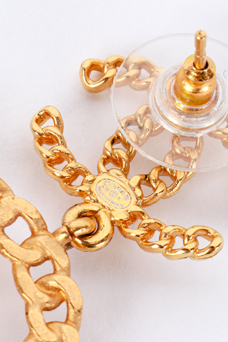 Chanel 2018A Camellia Chain Drop Earrings signature cartouche closeup @recess la