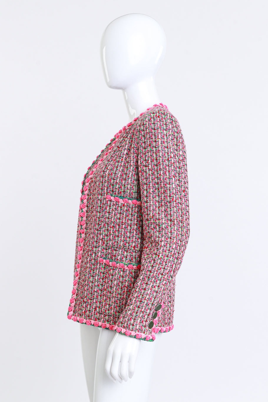 2002P Rosette Bouclé Collarless Jacket by Chanel on mannequin side @recess LA