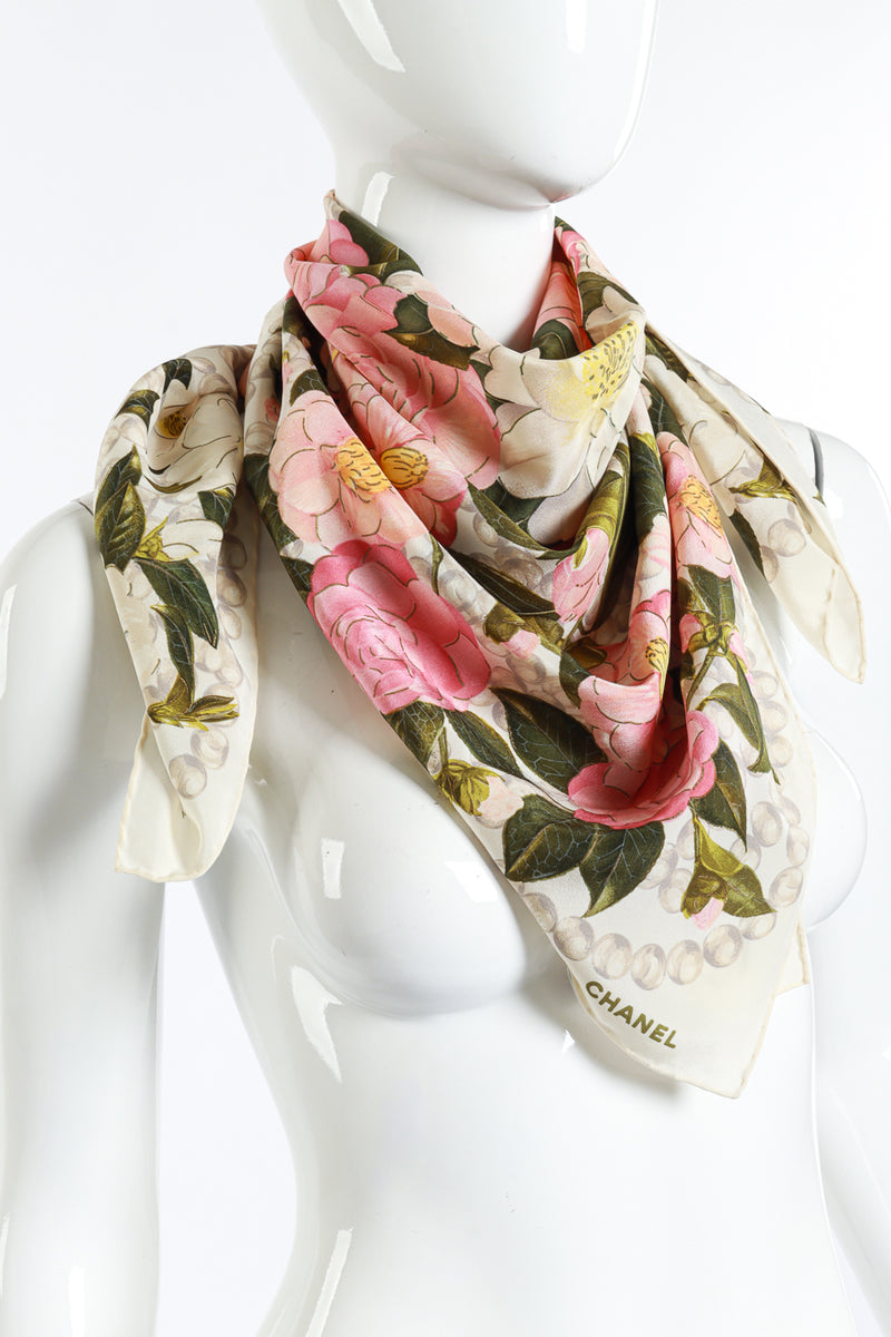 Vintage Chanel Silk Floral Scarf front draped on mannequin closeup @recess la