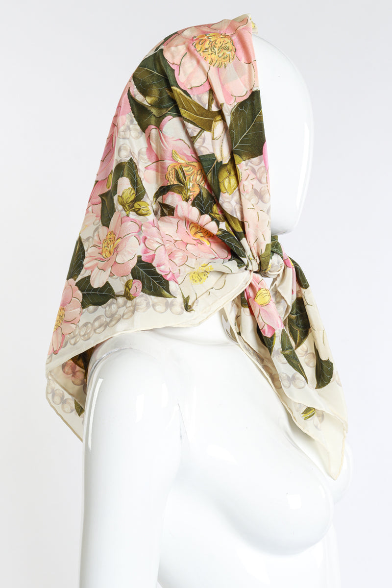 Vintage Chanel Silk Floral Scarf side wrapped over mannequin head closeup @recess la