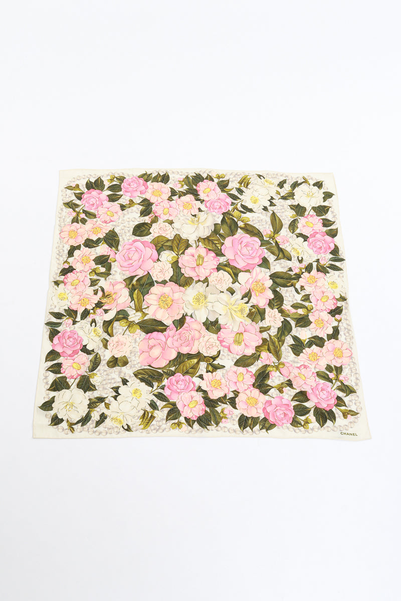 Vintage Chanel Silk Floral Scarf laid flat @recess la