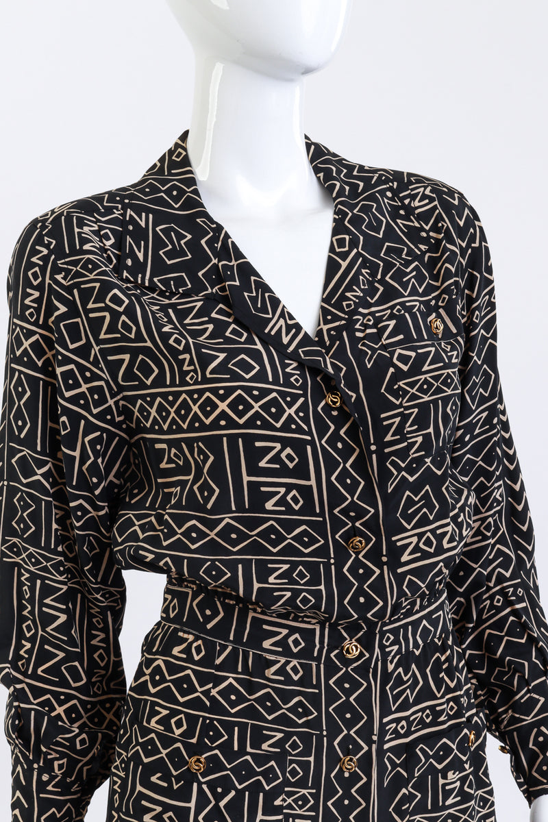 Vintage Chanel Tribal Print Shirtdress front on mannequin closeup @recess la