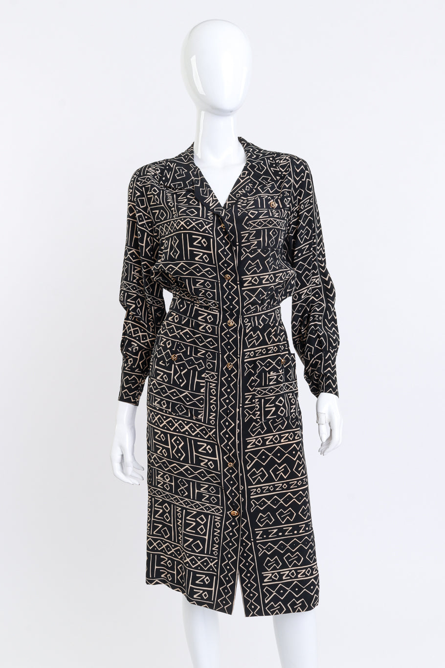 Vintage Chanel Tribal Print Shirtdress front on mannequin @recess la