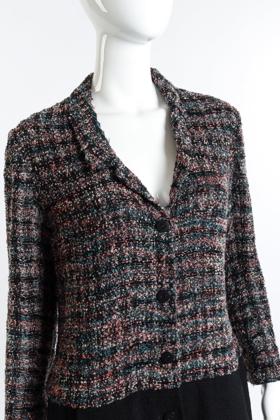 Vintage Chanel Bouclé Plaid Wool Coat front on mannequin closeup @recess la