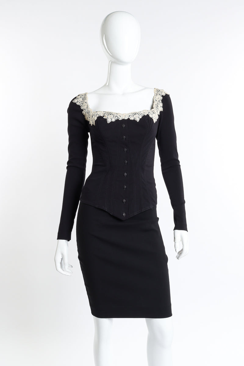 Vintage Chantal Thomass Lace Trim Corset & Skirt Set front on mannequin @recess la