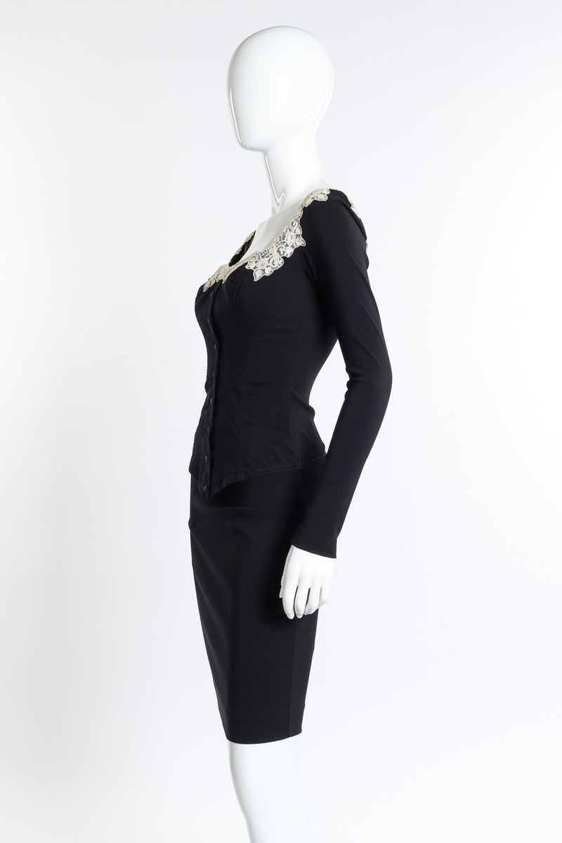 Vintage Chantal Thomass Lace Trim Corset & Skirt Set side on mannequin @recess la