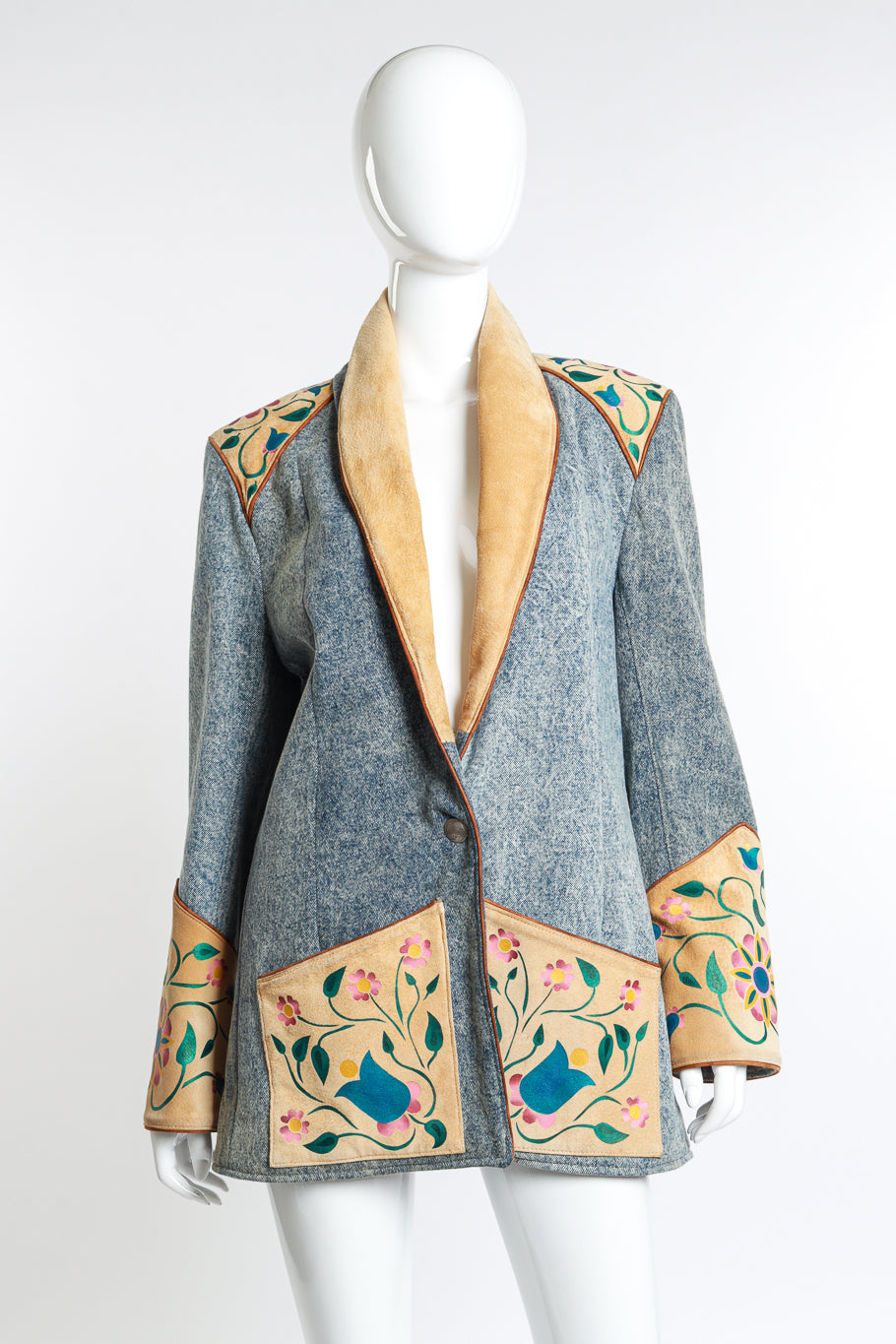 Vintage Char Floral Painted Denim & Suede Jacket front on mannequin @recess la
