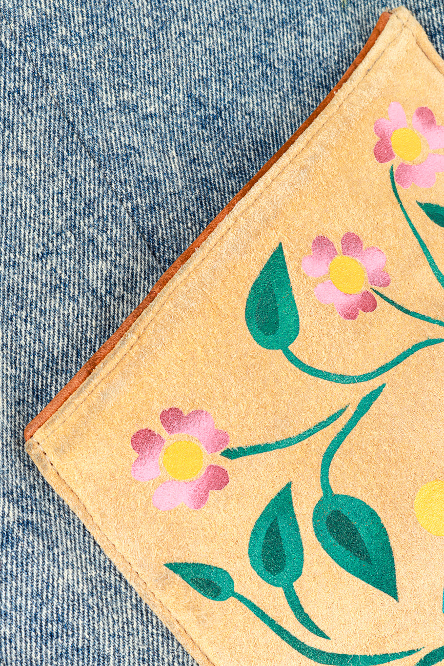 Vintage Char Floral Painted Denim & Suede Jacket front patch pocket closeup @recess la