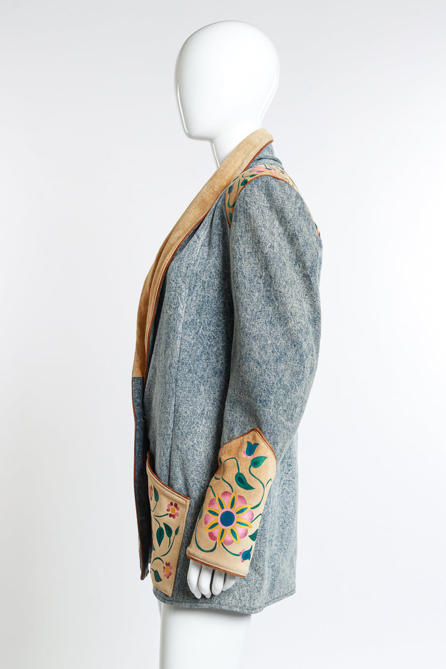 Vintage Char Floral Painted Denim & Suede Jacket side on mannequin @recess la