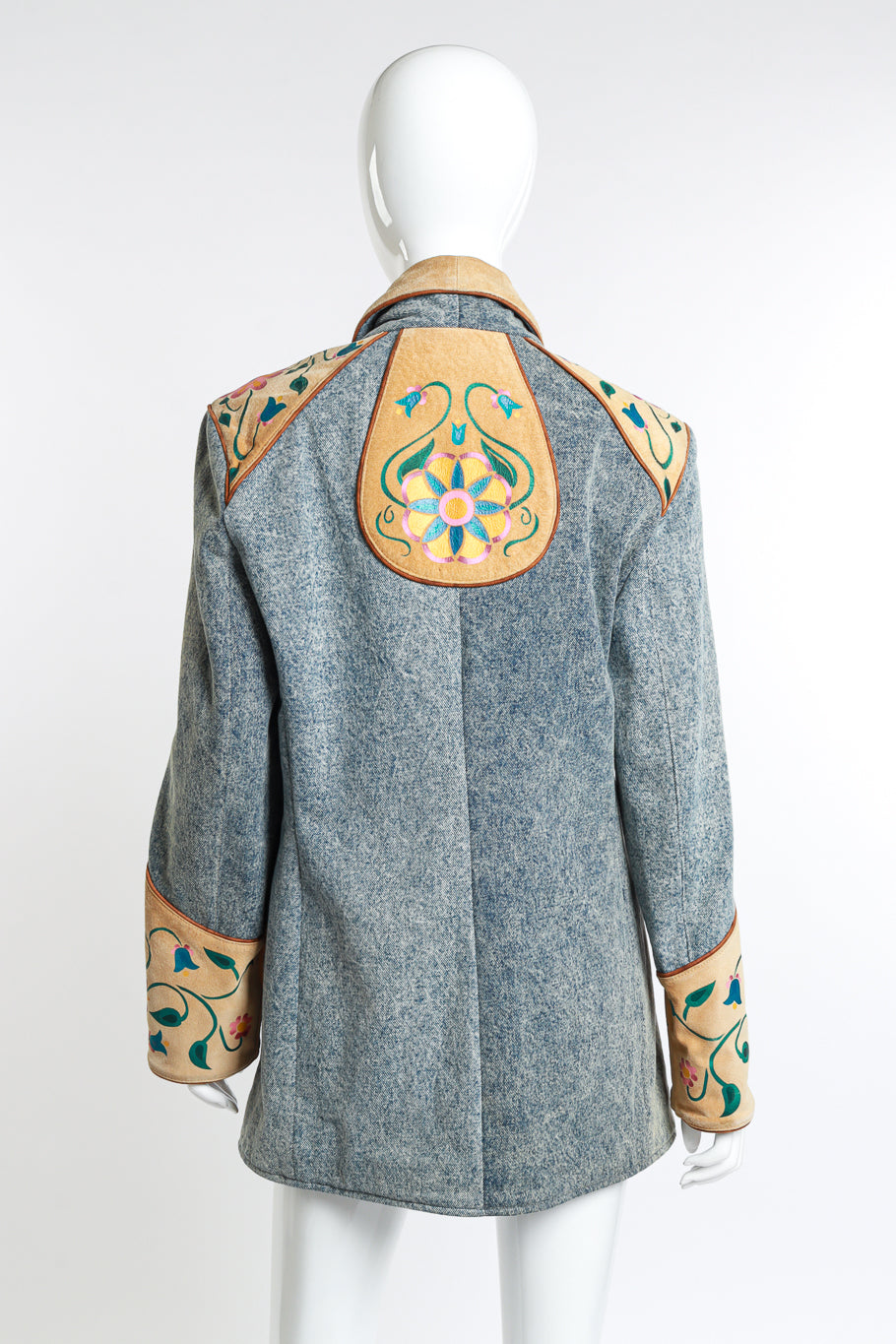 Vintage Char Floral Painted Denim & Suede Jacket back on mannequin @recess la