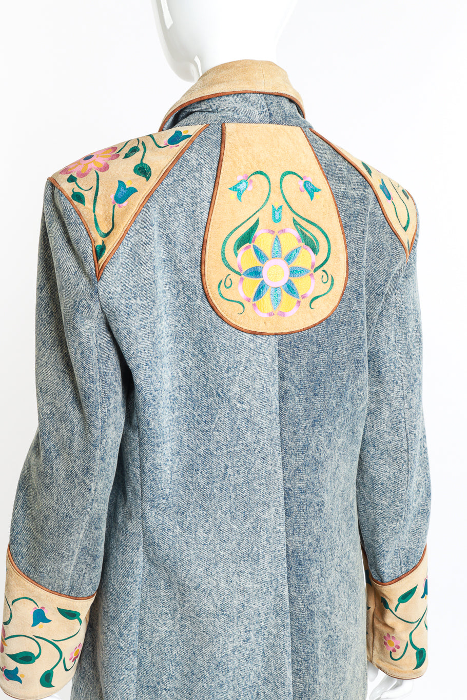 Vintage Char Floral Painted Denim & Suede Jacket back on mannequin closeup @recess la