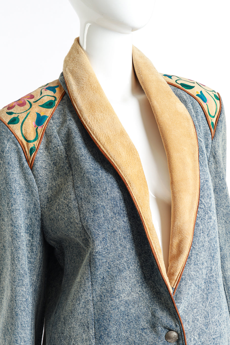 Vintage Char Floral Painted Denim & Suede Jacket front on mannequin closeup @recess la