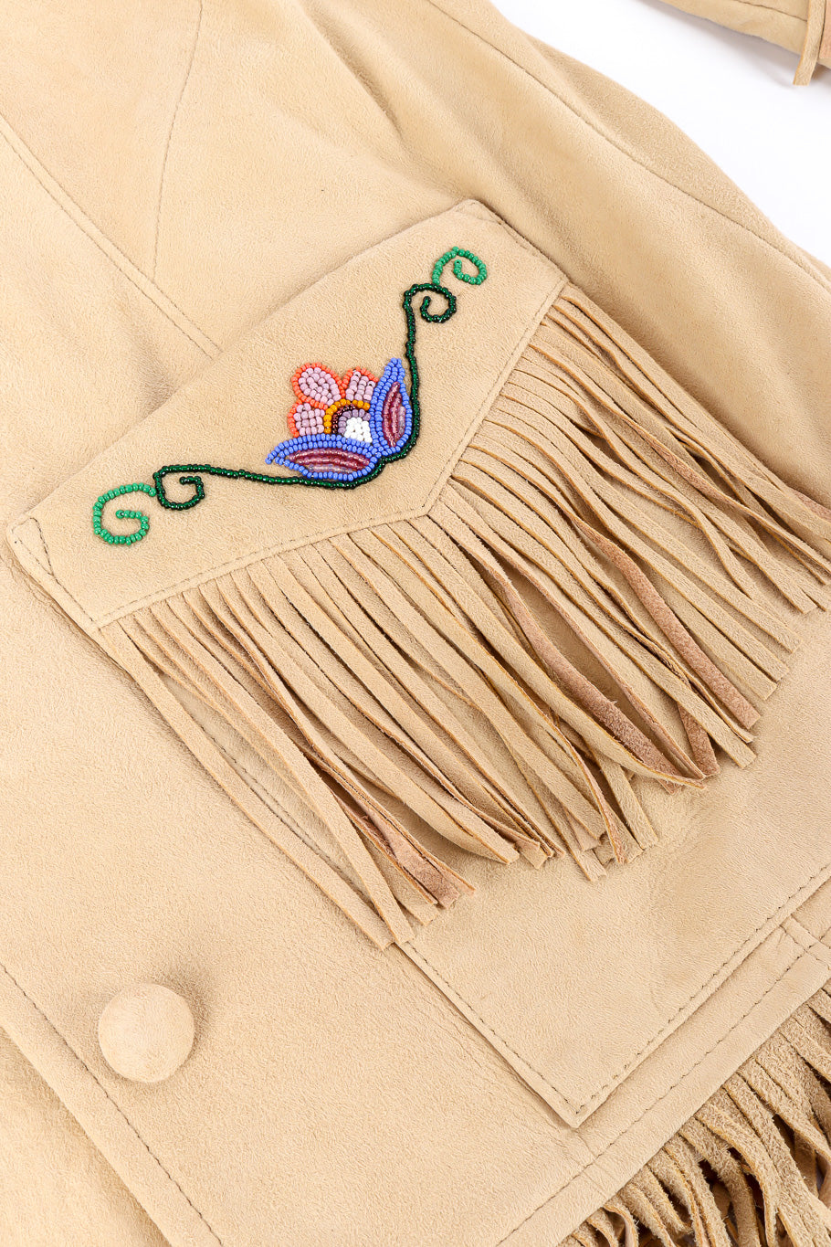 Vintage Char suede fringe jacket front pocket closeup @Recessla