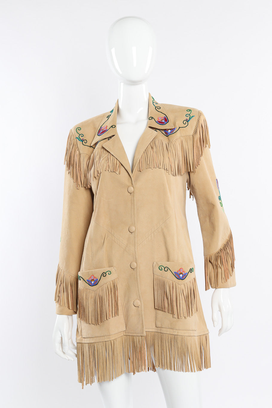 Vintage Char suede fringe jacket front view on mannequin @Recessla