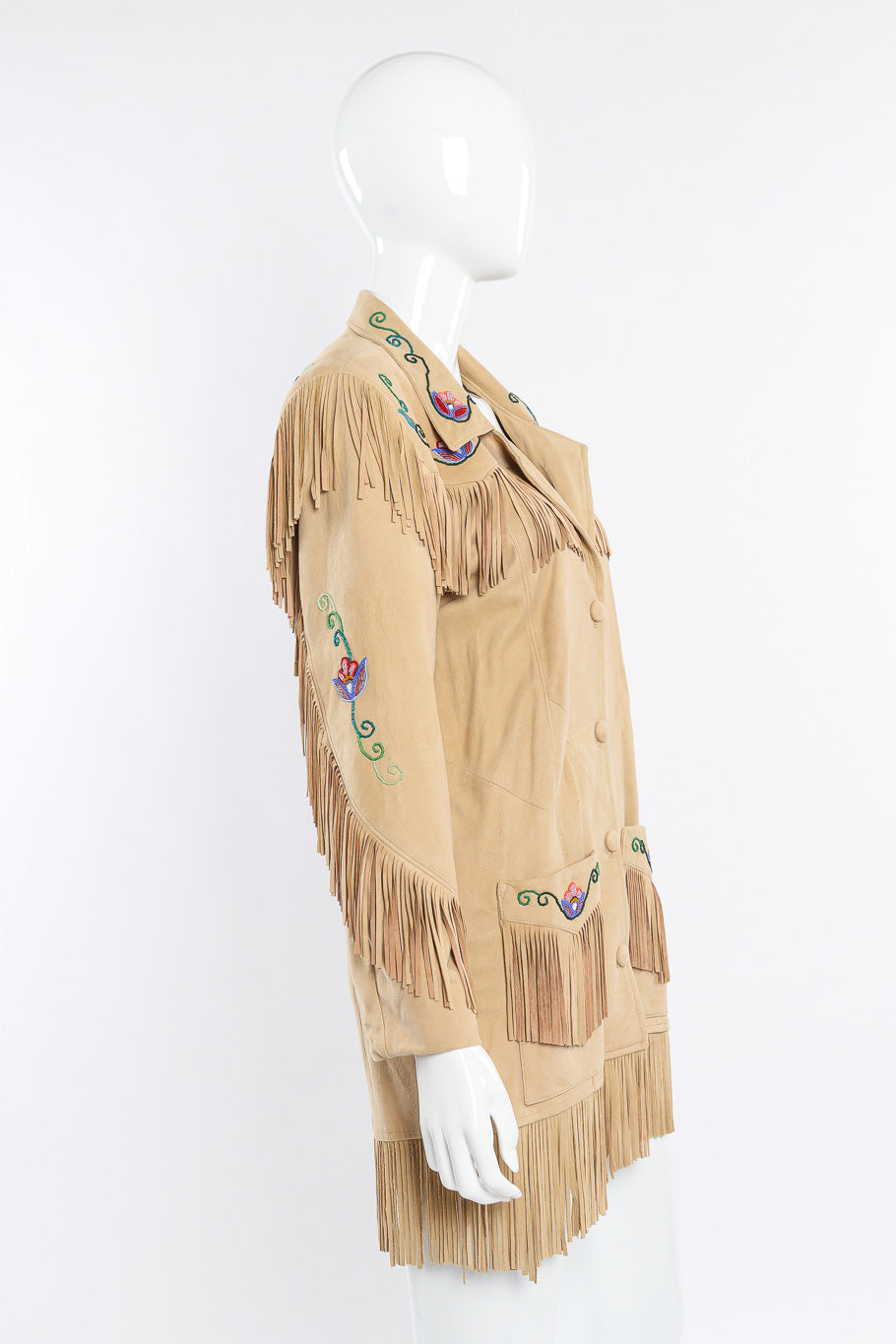 Vintage Char suede fringe jacket side view on mannequin @Recessla