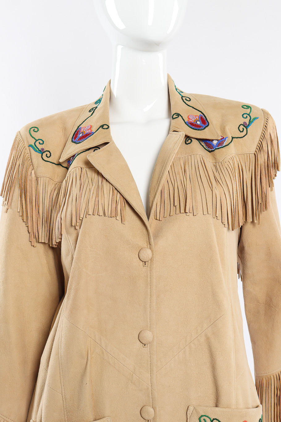 Vintage Char suede fringe jacket front view closeup on mannequin @Recessla