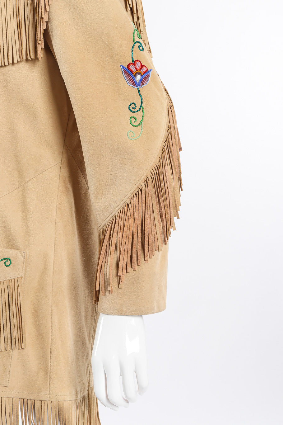 Vintage Char suede fringe jacket front sleeve closeup on mannequin @Recessla