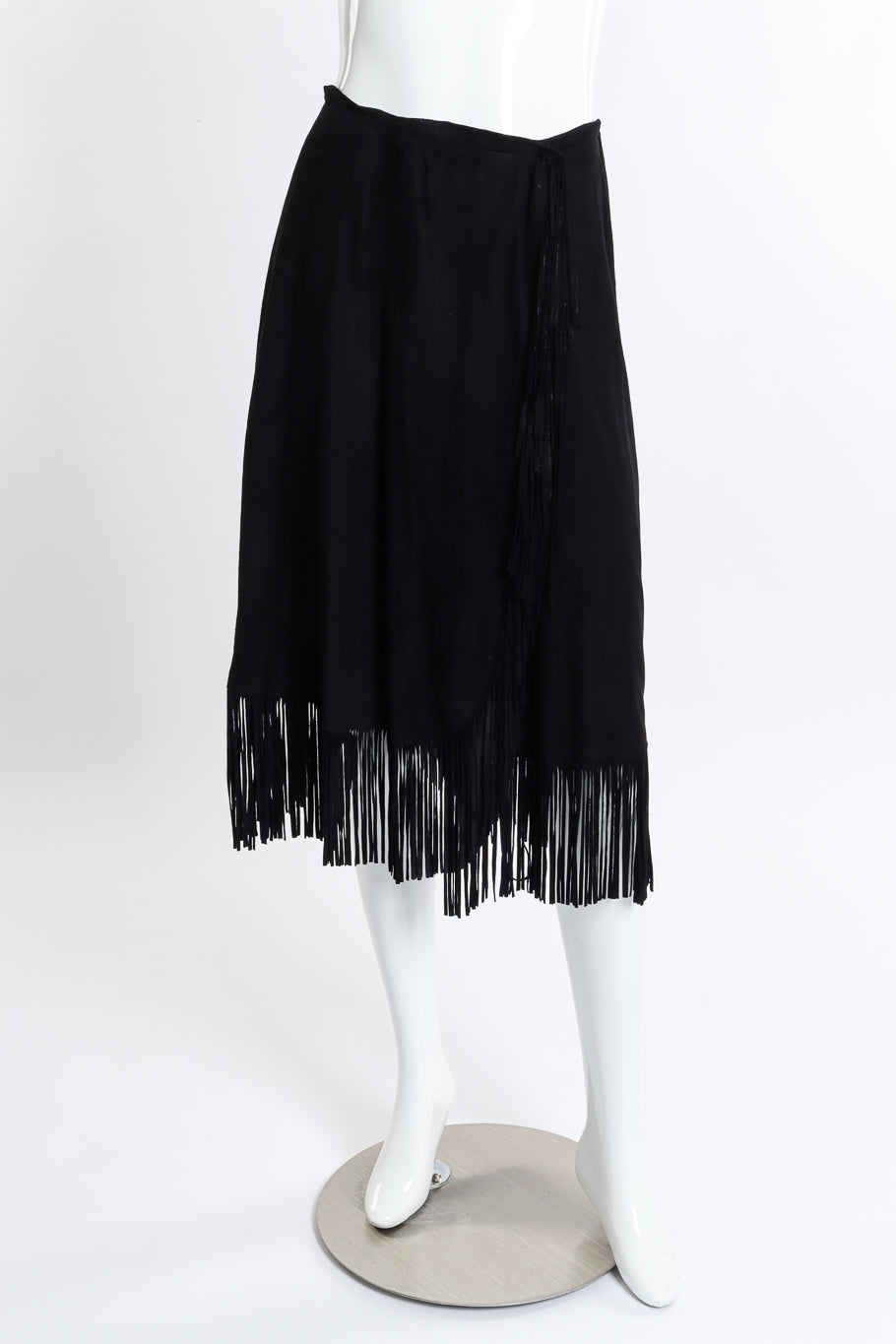 Vintage Char & Sher Microsuede Fringe Wrap Skirt front on mannequin @recess la
