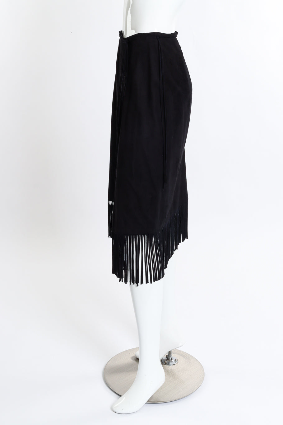 Vintage Char & Sher Microsuede Fringe Wrap Skirt side on mannequin @recess la