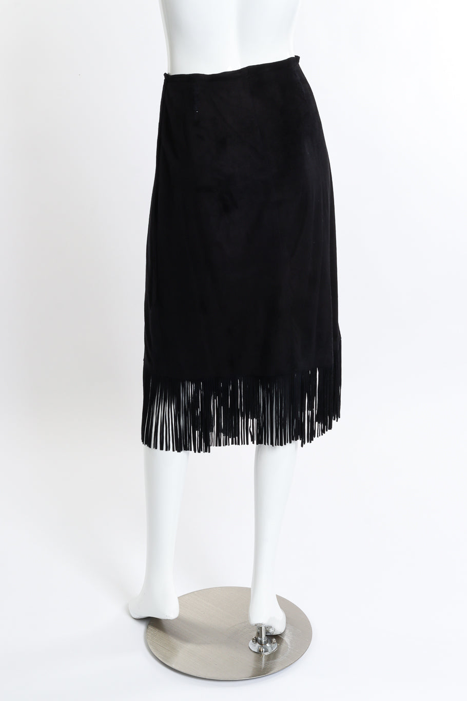 Vintage Char & Sher Microsuede Fringe Wrap Skirt back on mannequin @recess la